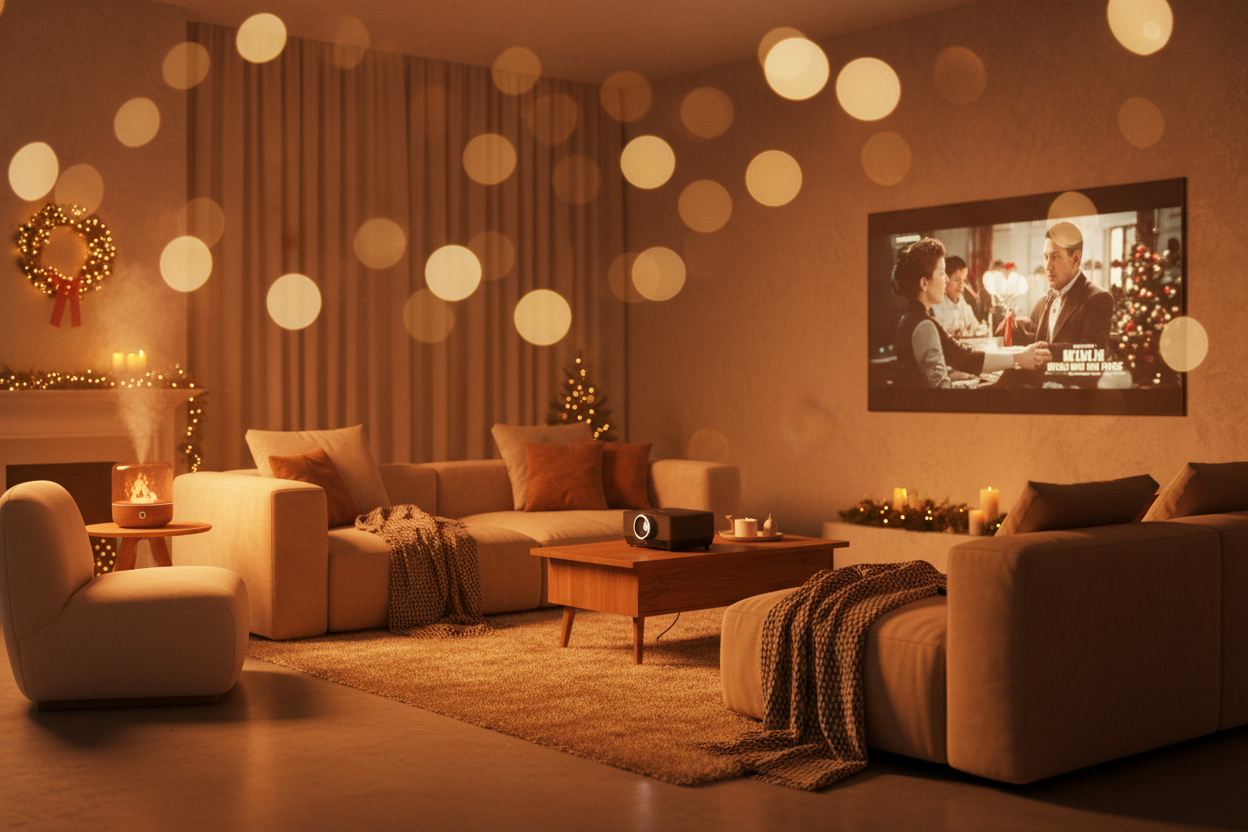 A cozy modern living room in winter, warm ambient lighting, soft bokeh lights, a mini projector projecting a movie on a wall, a flame glow humidifier on a side table, warm tones (amber, orange, gold), subtle Christmas/holiday vibe, soft focus background, inviting and cozy atmosphere, realistic style, photorealistic, high resolution
